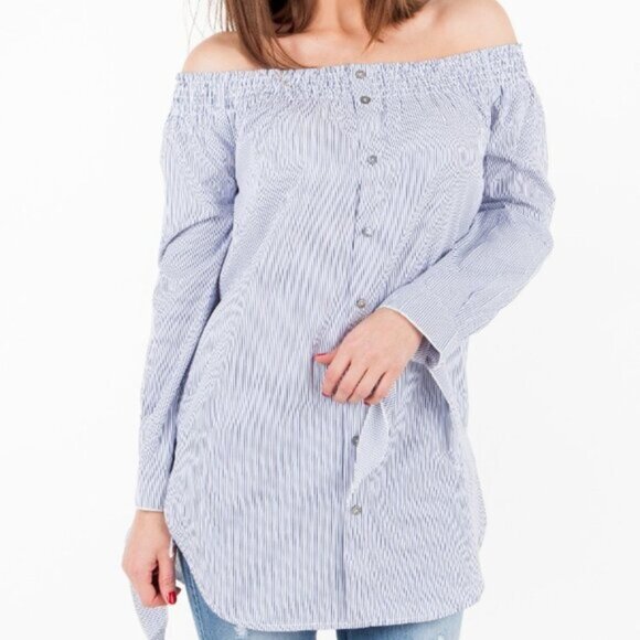 Molly Bracken Navy White Striped Off Shoulder Tunic Top Small Nautical Resort We - Picture 1 of 7